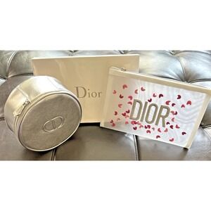 Dior Beauty Lot Of 2 Novelty Cosmetic Pouches Silver Round & Mesh See Thru 2025